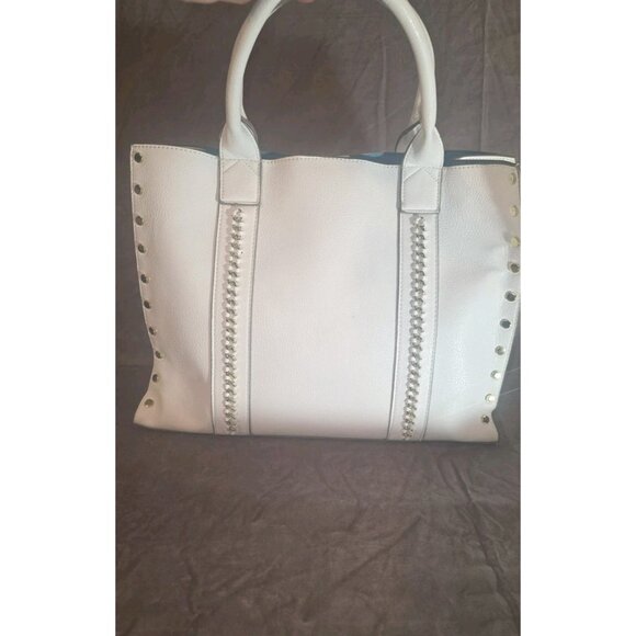 Kate Landry White Faux Pebbled Leather Gold Chain Studded Large Tote Bag. HL8 - Picture 1 of 7